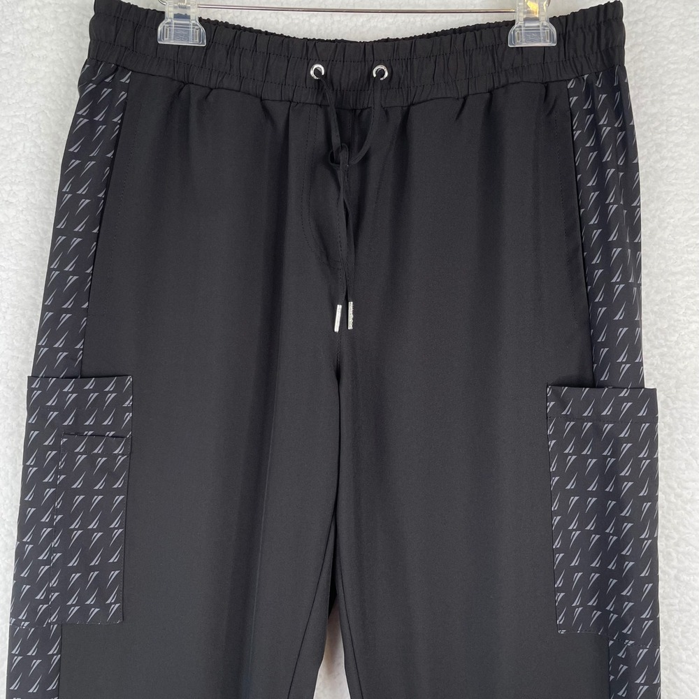 Nautica Mens XL Black Cargo Jogger Pants Logo Side Stripe Elastic Waist